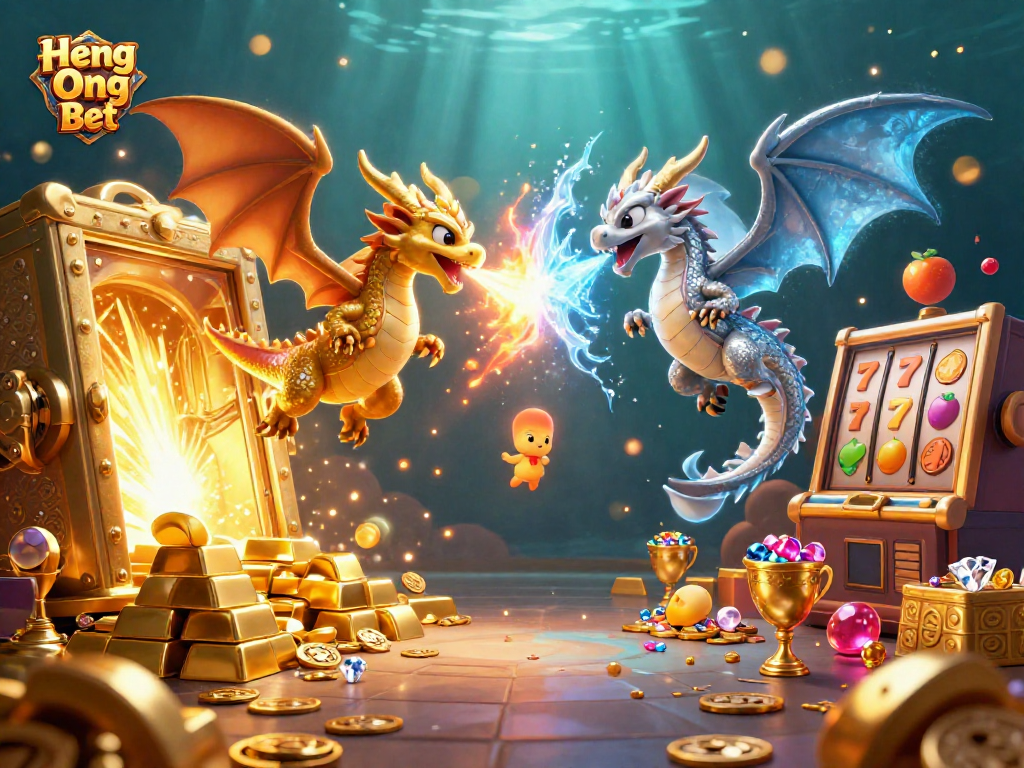 Experience Heng Ong Bet with vibrant dragons and winning slot symbols in a magical casino scene.