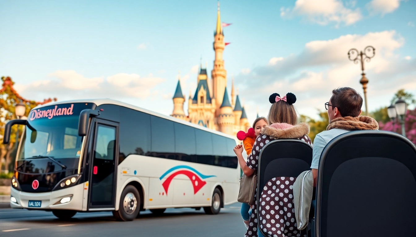 Families happily boarding shuttle for Beauvais Airport to Disney Transfer amidst iconic Disney backdrop.