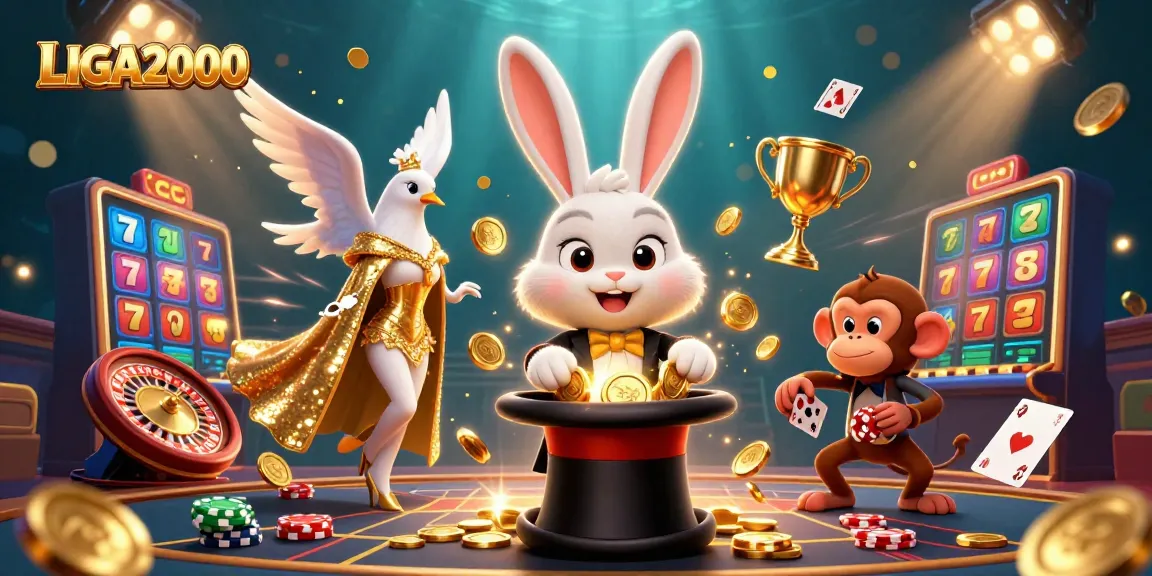 Permainan slot LIGA2000 menampilkan kelinci pesulap, merpati, dan monyet dalam adegan kasino yang hidup.