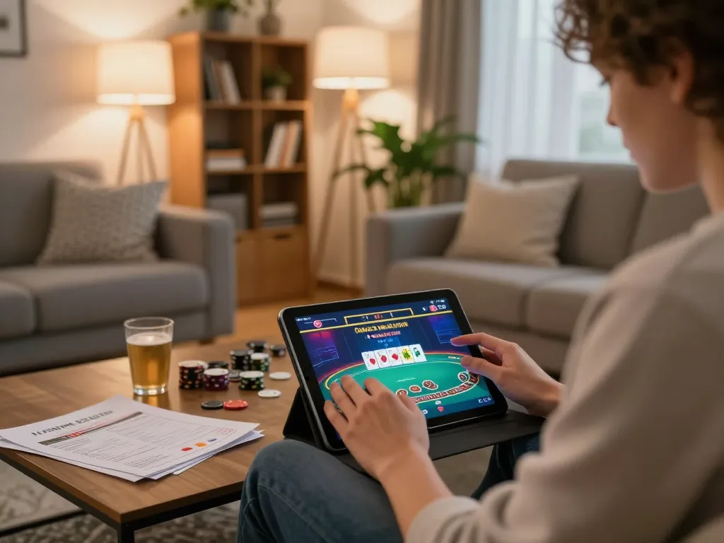 Player engaged with casinò americani online on tablet in a cozy home setting