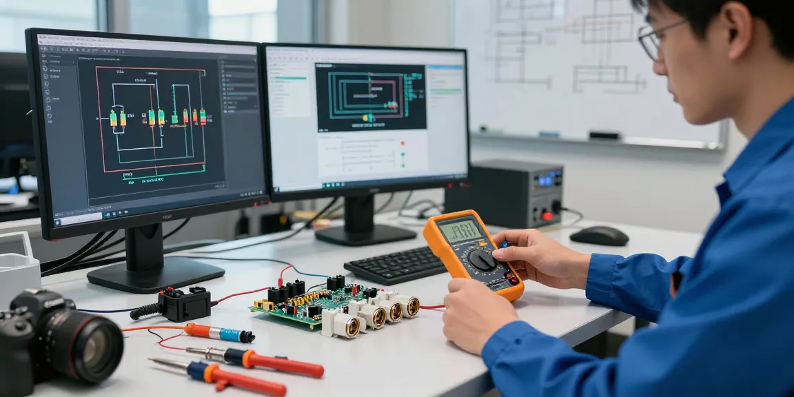 Engineer analyzing IEC connectors at high-tech workstation with tools and monitors.