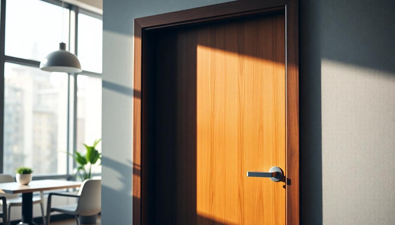Open exit door in a modern office showcasing sleek design and polished hardware.