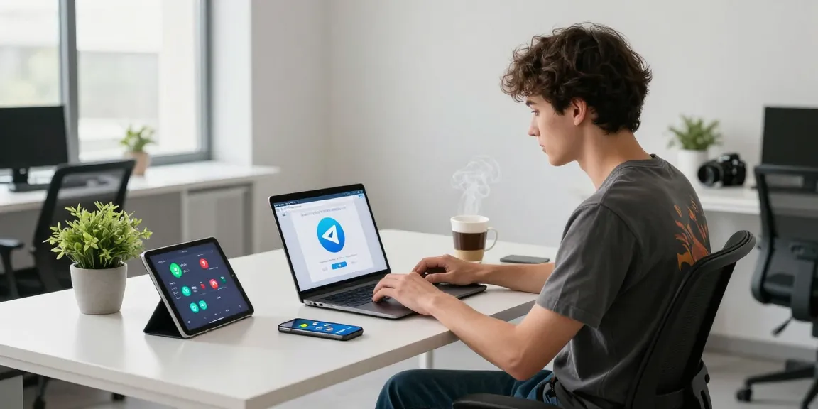 Modern workspace featuring a professional using telegram中文 on a laptop, showcasing tech gadgets and a bright atmosphere.