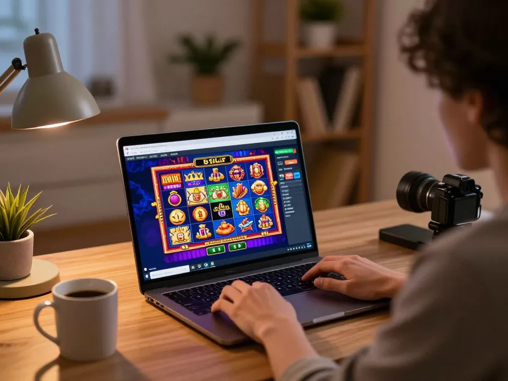 Engaging player enjoying a thrilling slot gaming session on a laptop, colorful graphics visible.