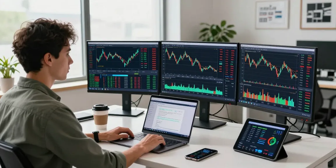 Focused trader using MetaTrader 4 in a modern workspace with multiple screens and trading tools.