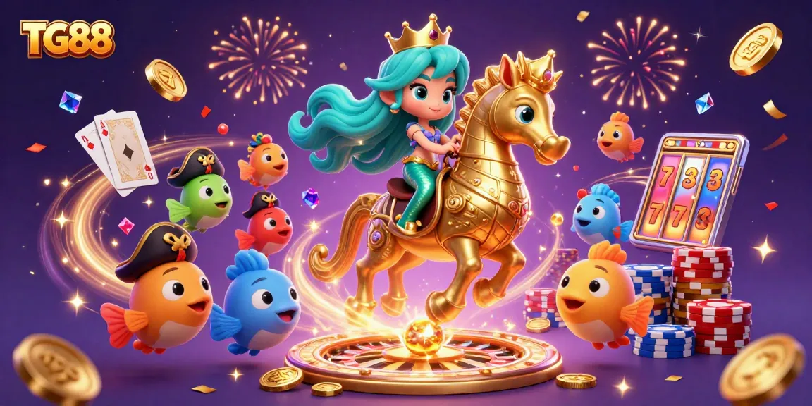 Experience TG88's vibrant online gaming with a mermaid princess, seahorse, and dazzling casino elements.