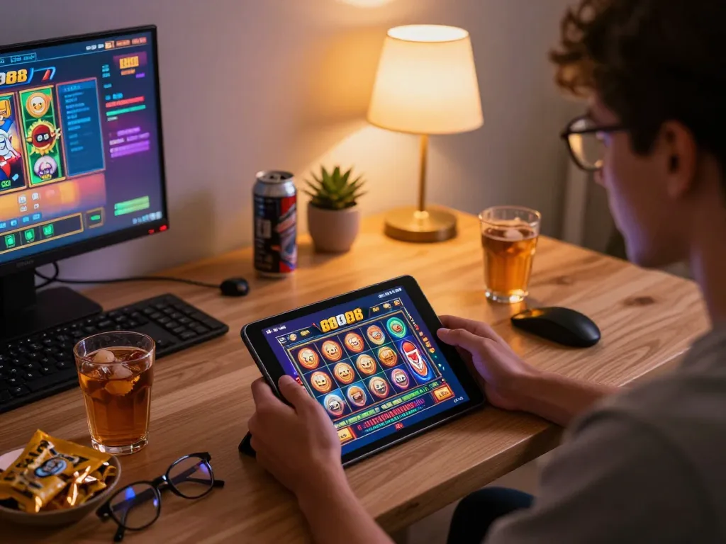 Player engaging with slot88 game on tablet in cozy home gaming setup, emphasizing online gambling excitement.