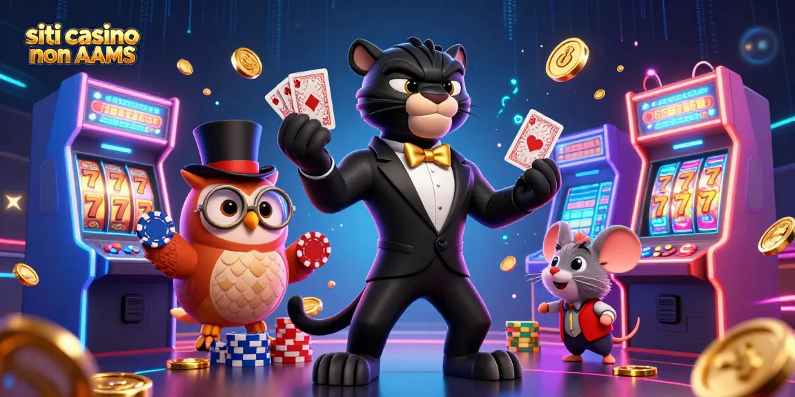 Gioca a poker nei siti casino non AAMS con personaggi eleganti che distribuiscono carte e elementi di gioco vivaci.