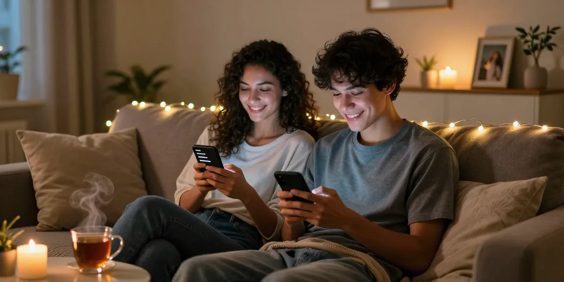 Couple engaging with sexting AI on smartphones in a cozy atmosphere at home.