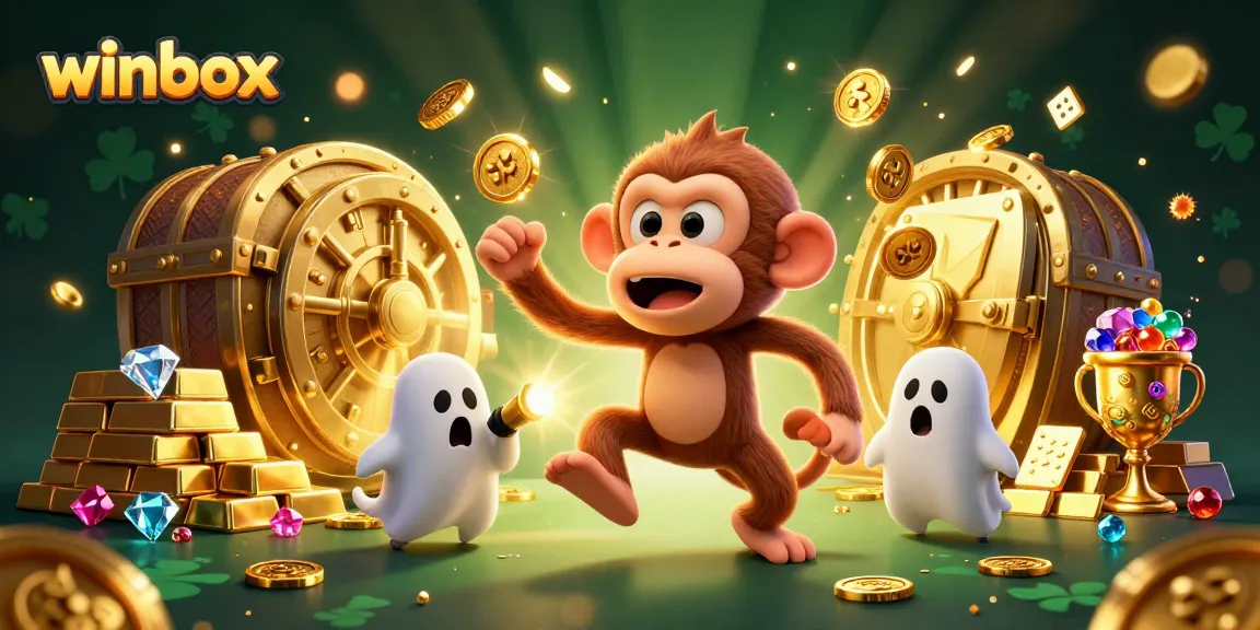 Winbox offers thrilling entertainment as a poltergeist monkey juggles golden casino treasures while a curious puppy investigates.