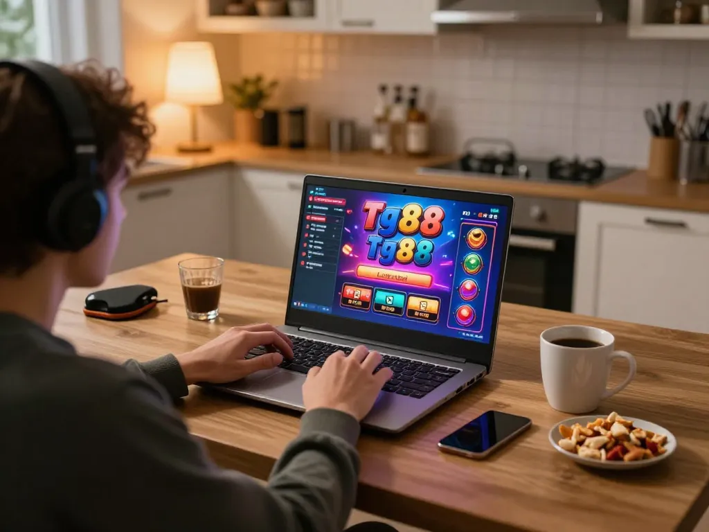Player enjoying tg88 online casino games while sipping coffee at home, showcasing engaging gaming experience.