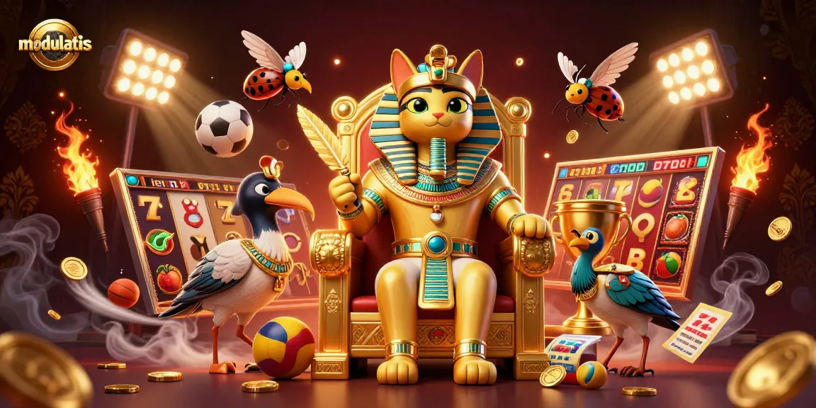 Slot online di modulatis yang menampilkan kucing firaun dan elemen berkilauan untuk menarik pemain.