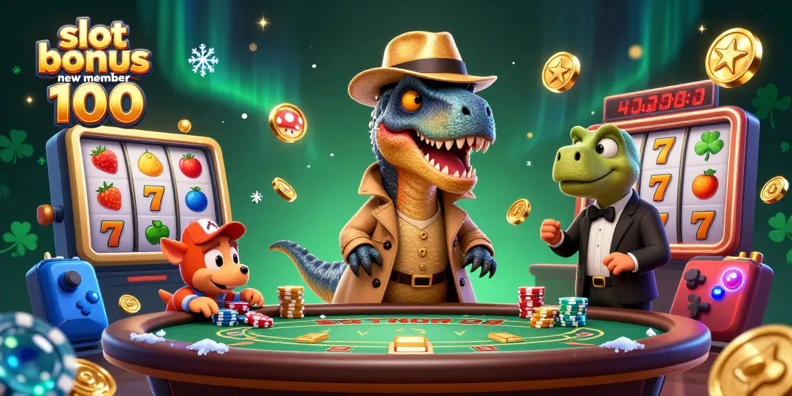 Engage with the exciting slot bonus new member 100 page, featuring animated dinosaurs at a casino table.