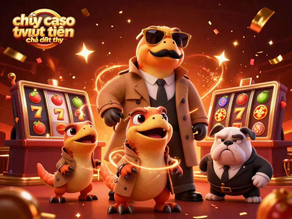 Chơi casino trực tuyến trên điện thoại với slot reels và biểu tượng may mắn trong bối cảnh rực rỡ.