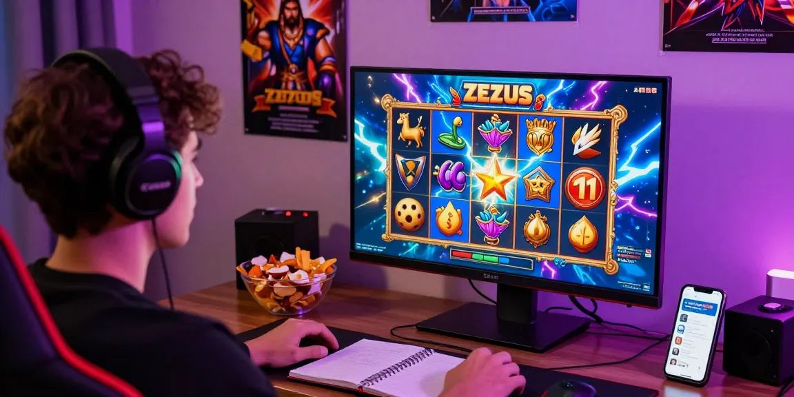 Engaged player enjoying Zeus Slot on a digital screen, creating an exciting and vibrant gaming atmosphere.