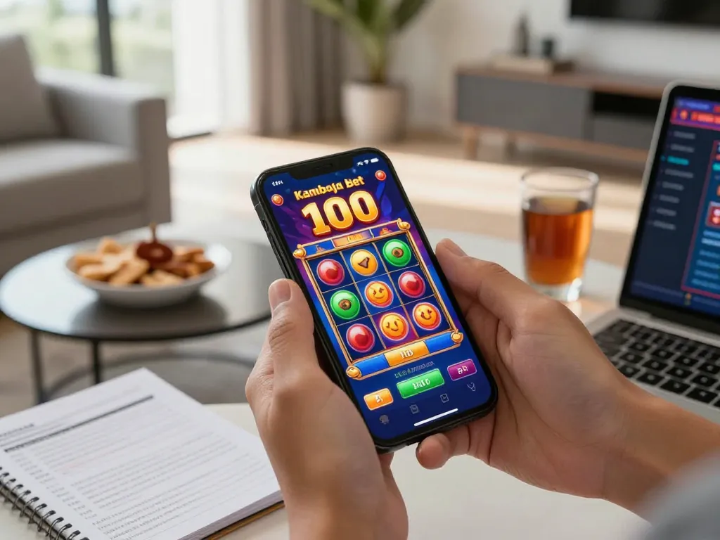 Engaging mobile gaming with slot kamboja bet 100 displayed on smartphone, showcasing vibrant casino action.