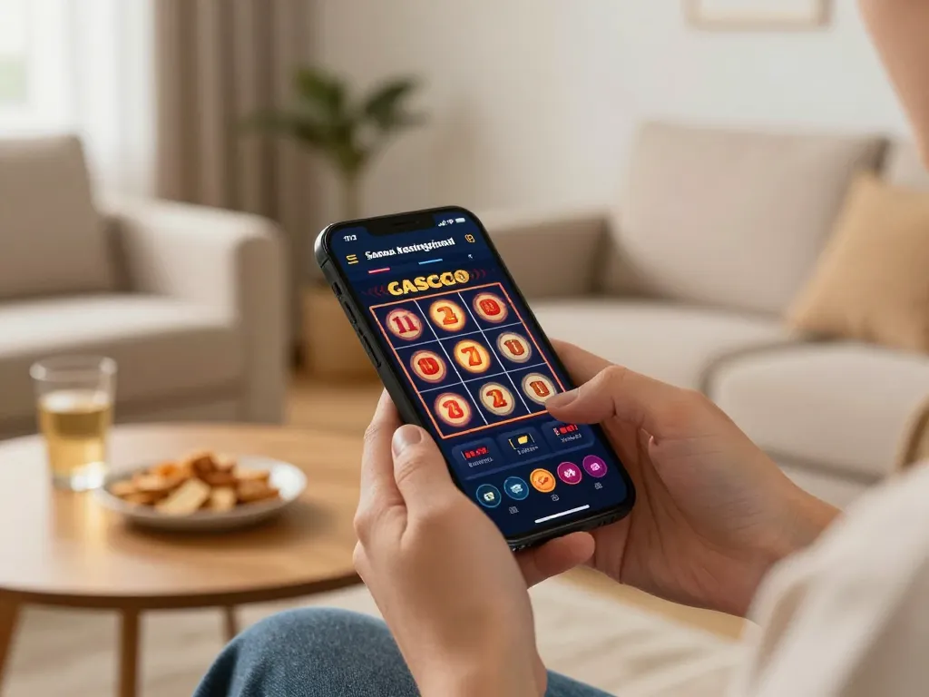 Play casino senza registrazione on a smartphone in a cozy living room setting.