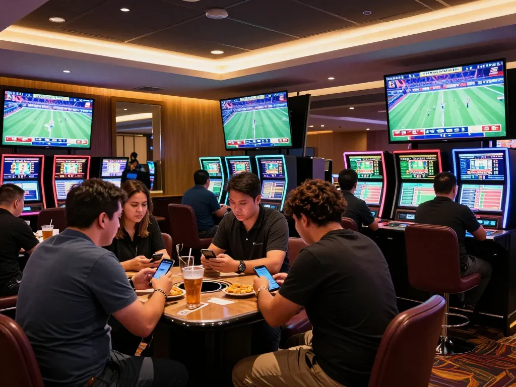 Engaging bettors analyzing odds at the 98win club's sports betting area during a major event