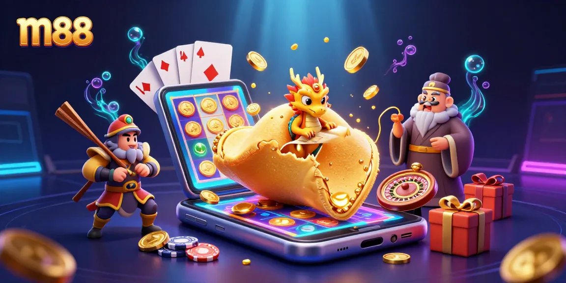 Engage in thrilling m88 gameplay with a golden fortune cookie revealing fortune, surrounded by casino elements.
