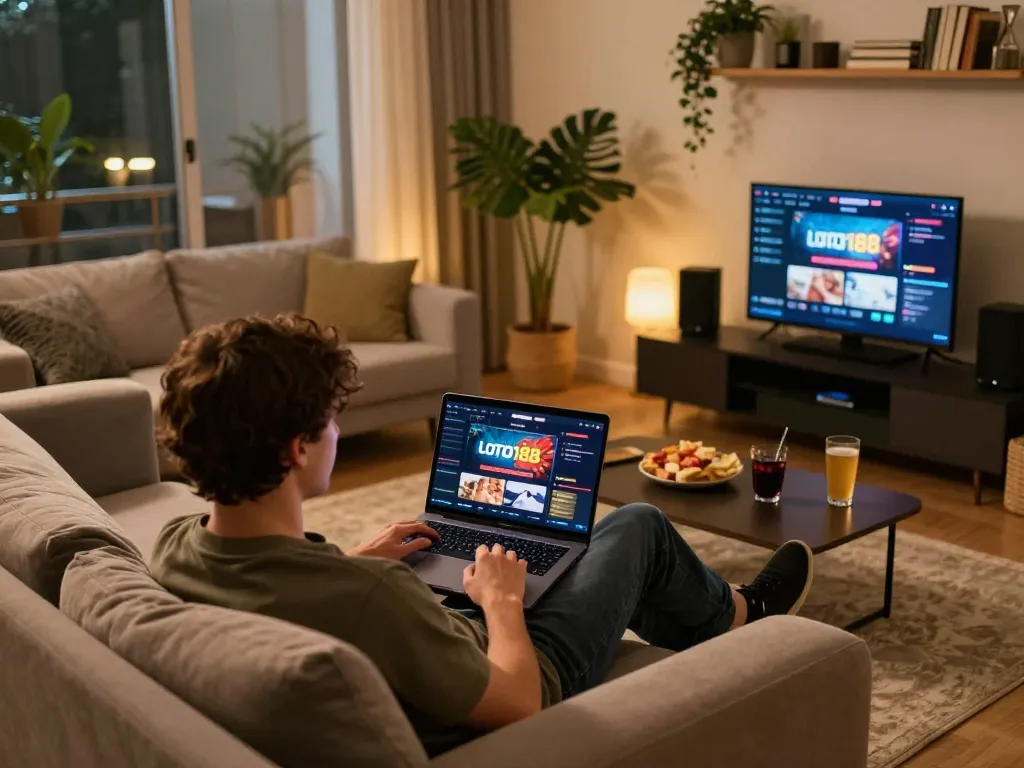 Engaging with LOTO188 through an online casino on a laptop in a cozy living room setting