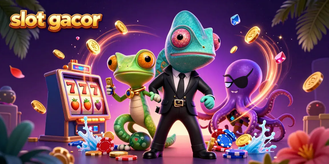 Memenangkan permainan slot gacor dengan karakter chameleon, gecko, dan gurita, dikelilingi koin emas dan simbol slot.