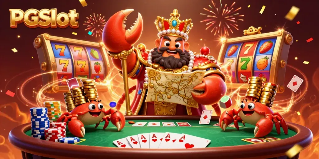 Engage with PGSlot as the golden crab emperor reigns over a vibrant casino scene filled with colorful slots and poker elements.