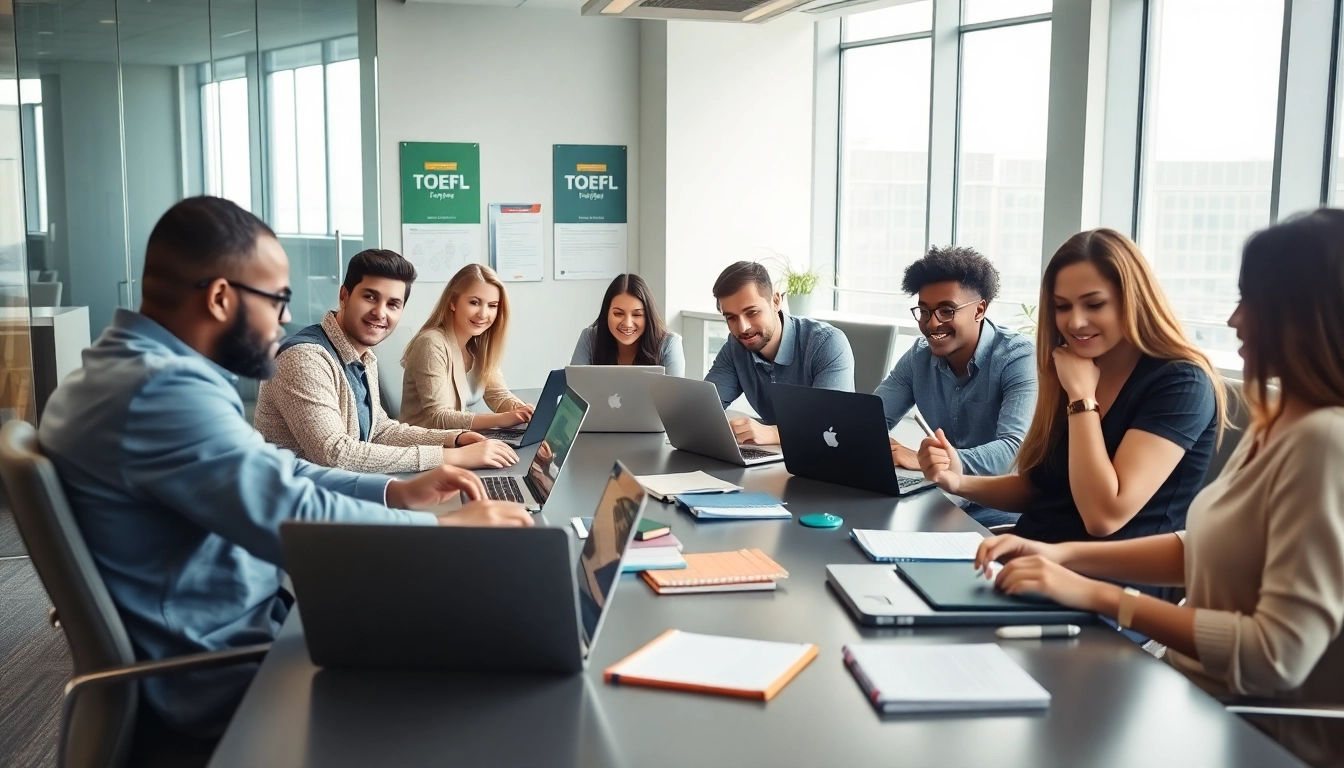 TOEFL test takers for hire collaborating in a bright modern office space.