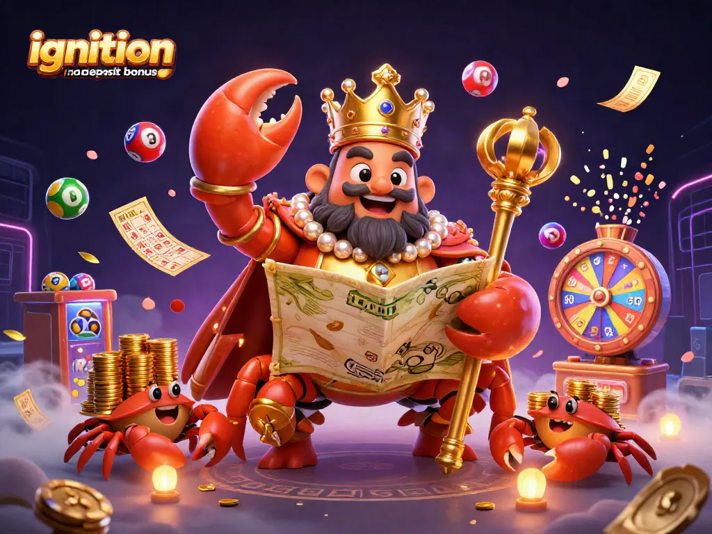 Win with ignition casino no deposit bonus as the golden crab emperor claims riches amidst vibrant casino elements.