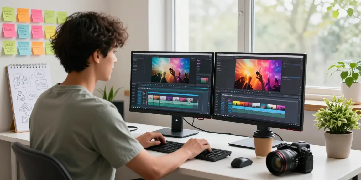 Content creator using seedance ai in a vibrant workspace, editing videos with dual monitors and creative props.