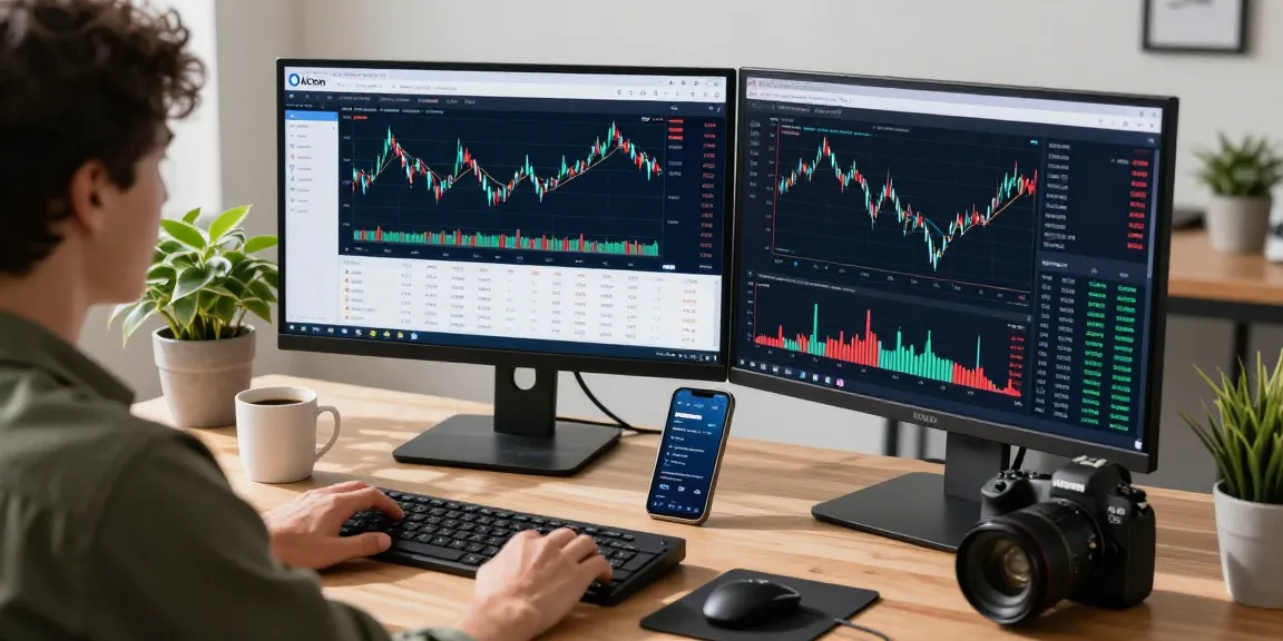 AiCoin 用户在现代交易工作站上使用 K 线图分析市场动态，展示交易工具和实时通知。