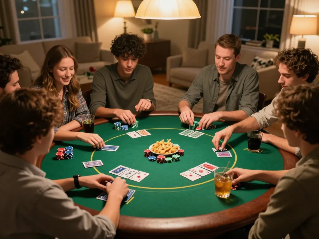 Friends enjoying Texas Hold'em poker night at home, showcasing fun and excitement from Canada online casinos reddit discussions.