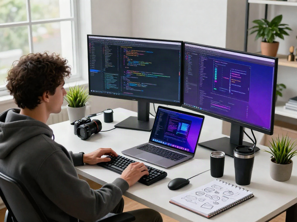 Pikashow apk development workspace featuring a programmer coding in a stylish office.