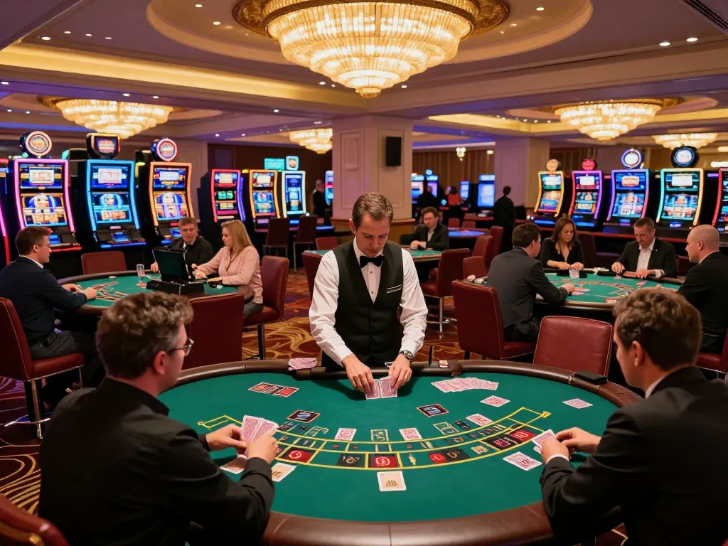 MM88 players enjoying an exciting blackjack game in a luxurious casino setting with vibrant atmosphere