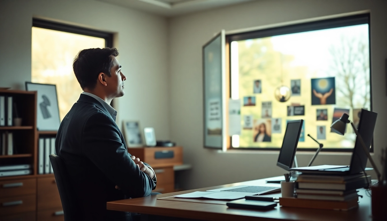 Find my true calling while reflecting in a bright office filled with inspirational elements.