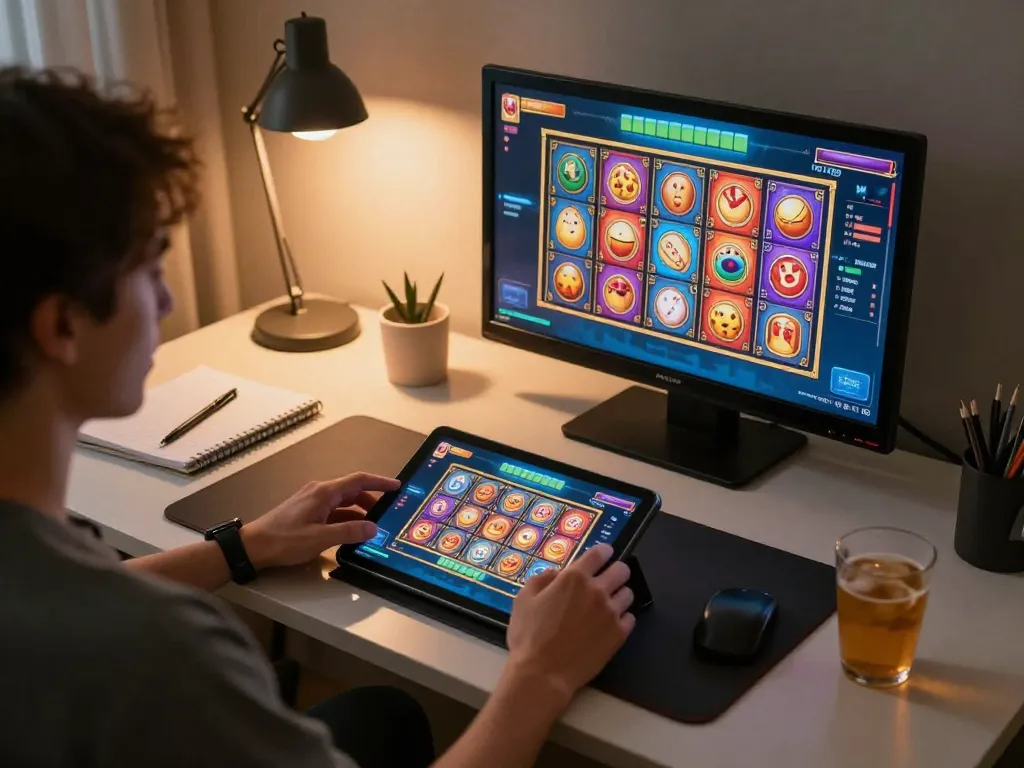 Play slot mahjong on a tablet in a cozy, modern gaming setup with ambient lighting.