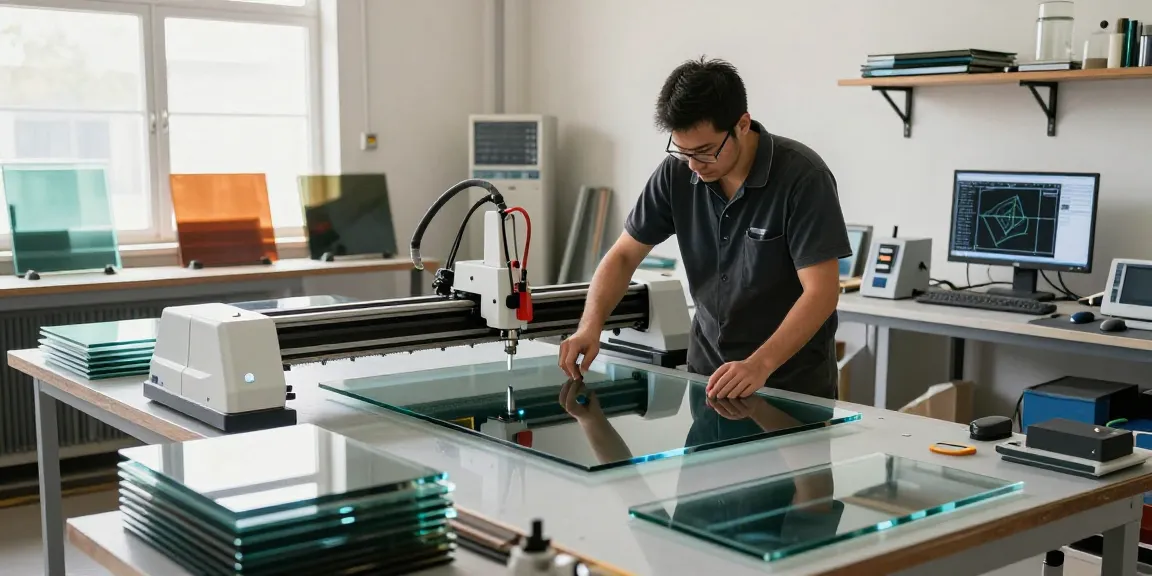 Technician using a cutting machine glass in a professional workshop setting.