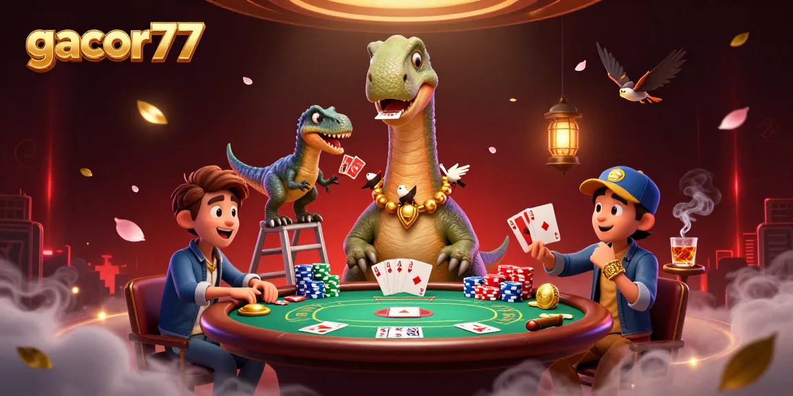 gacor77 menghadirkan suasana kasino yang megah dengan dinosaur dan kartu poker yang mengasyikkan.