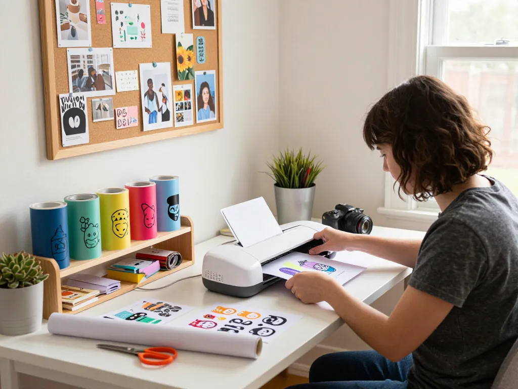 Crafting scene showcasing a designer working with a variety of SVG bundles, illustrating creative tumbler designs and Cricut tools.