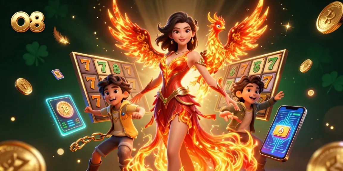 Win big at O8 with an engaging scene of vibrant slot games and a stunning character.