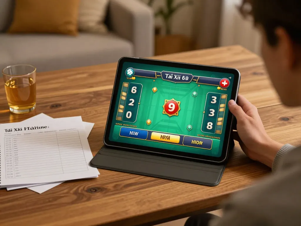 Tài xỉu online uy tín gameplay on tablet, showcasing dynamic betting options in a cozy home setting.