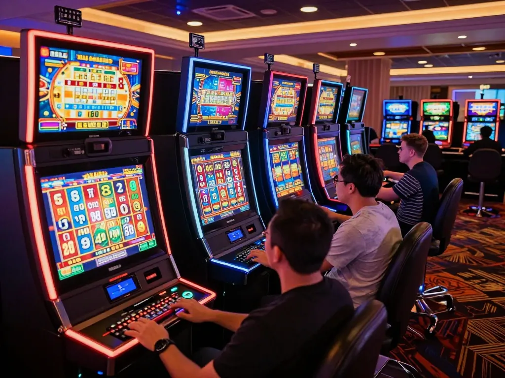 Players enjoying thrilling สล็อต action at lively casino slot machines, celebrating wins in vibrant atmosphere.