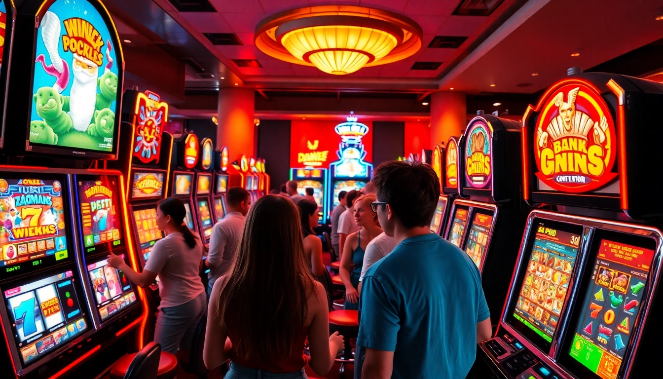 Main game theme slot online dengan mesin slot berwarna-warni di kasino yang meriah