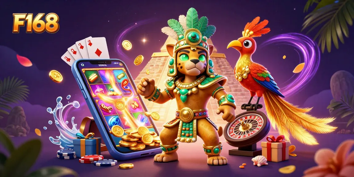 Experience thrilling gameplay at F168 with dynamic casino elements in a vibrant 3D illustration.