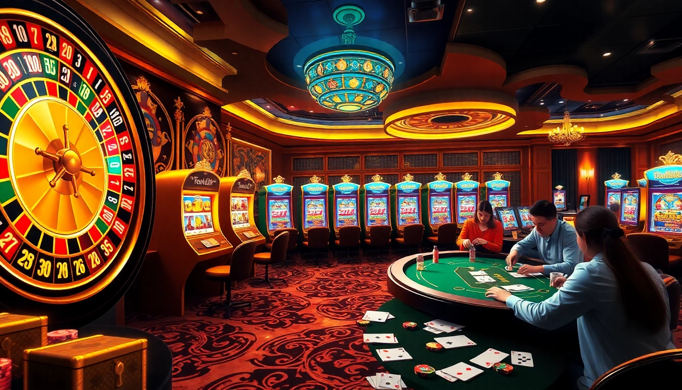 A thrilling casino scene depicting vibrant slot machines and passionate gamblers engaging with new77 for an exhilarating experience.