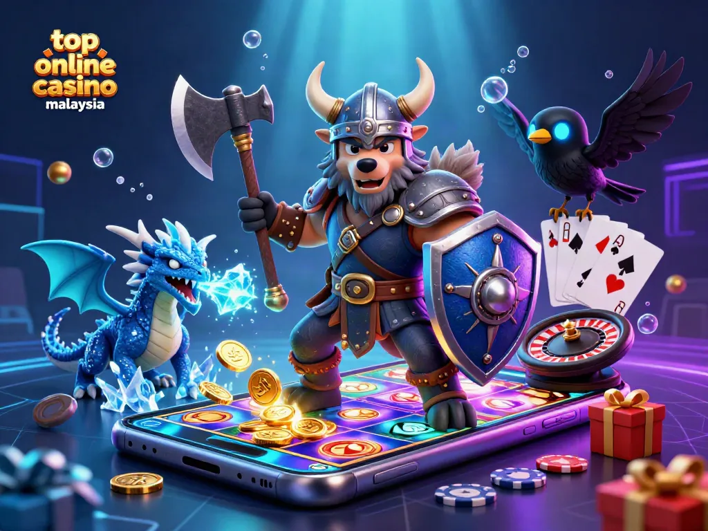 Experience top online casino Malaysia with a Viking warrior, ice dragon, and casino game elements.