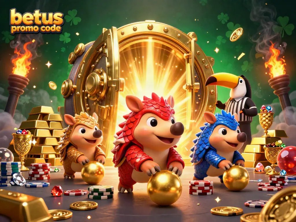 Play with BetUS promo code in a vibrant casino scene featuring pangolins and a toucan referee.