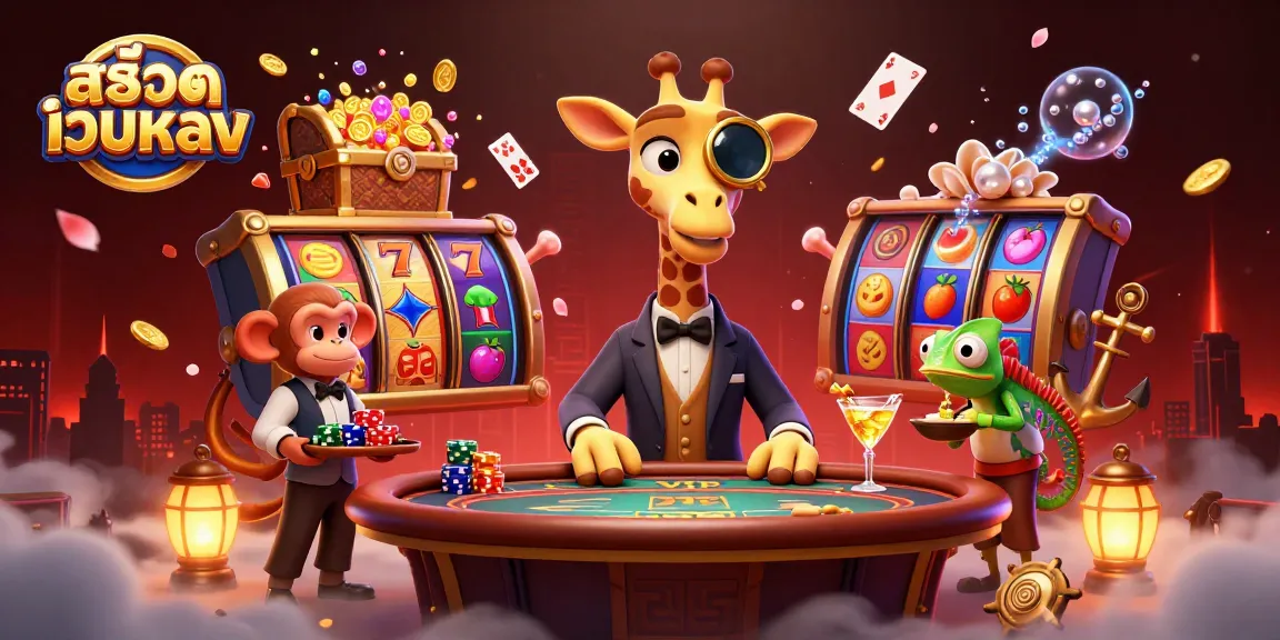 Experience the thrill of สล็อตเว็บตรง with vibrant slot reels and playful characters in a casino scene.