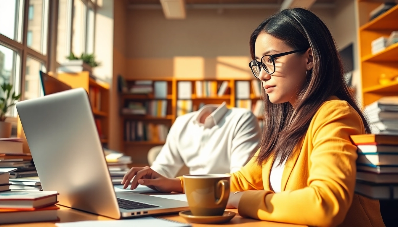 Focused individual studying to pay someone to take toefl in a bright, modern workspace.