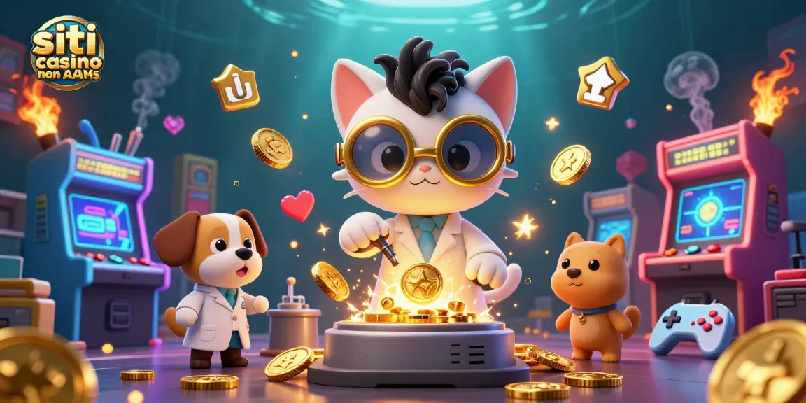 Interagisci con i siti casino non AAMS in una vivace scena di gioco 3D con personaggi e elementi dinamici.