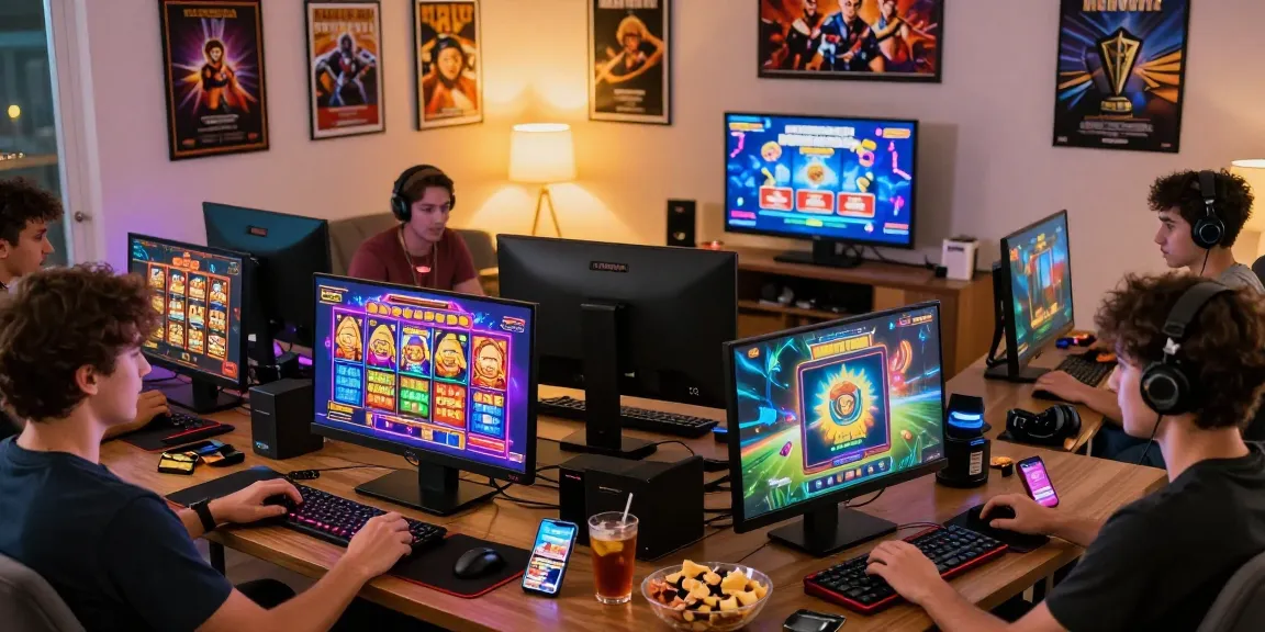 Engaged players in cozy gaming environment experiencing credit card casinos UK with vibrant screens and snacks.
